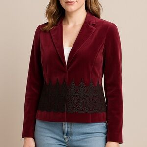 Maggy London 100%‎ cotton embossment burgundy velvet blazer jacket, size 10